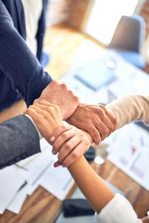 team members gripping wrists in unity gesture by krakenimages courtesy of Unsplash.